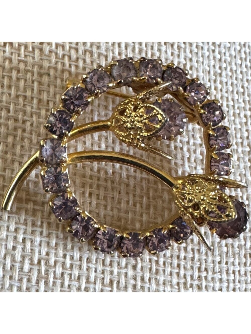 Vintage Gold-Tone Flower Brooch With Purple Rhinestones Circular Design 1.5-Inch